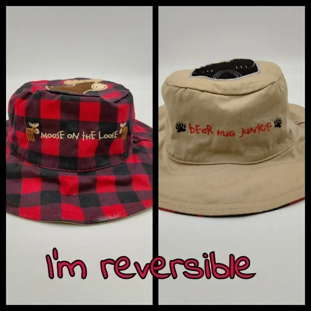Flap Jack kids Reversible Hat for Kids Red Plaid and Tan Moose/Bear unisex